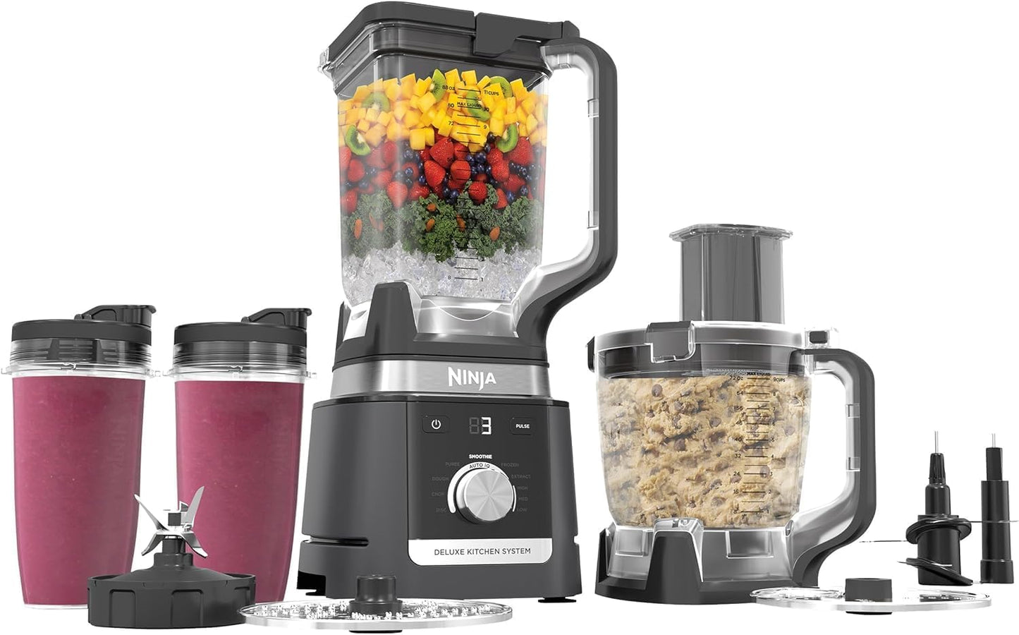 Ninja CO905KS Système de cuisine Deluxe, base Auto-IQ de 1600 W, pichet de 88 oz, robot culinaire Deluxe de 9 tasses, (1) tasse à portion unique de 24 oz